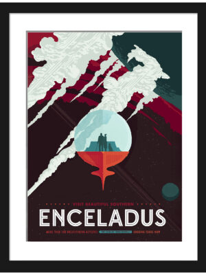 Travel poster featuring Enceladus with icy jets and a global ocean, hinting at possible life