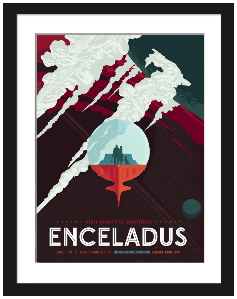 Travel poster featuring Enceladus with icy jets and a global ocean, hinting at possible life
