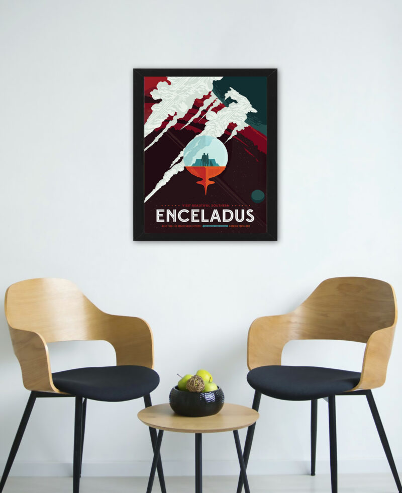 Travel poster featuring Enceladus with icy jets and a global ocean, hinting at possible life