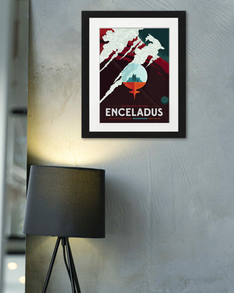 Travel poster featuring Enceladus with icy jets and a global ocean, hinting at possible life
