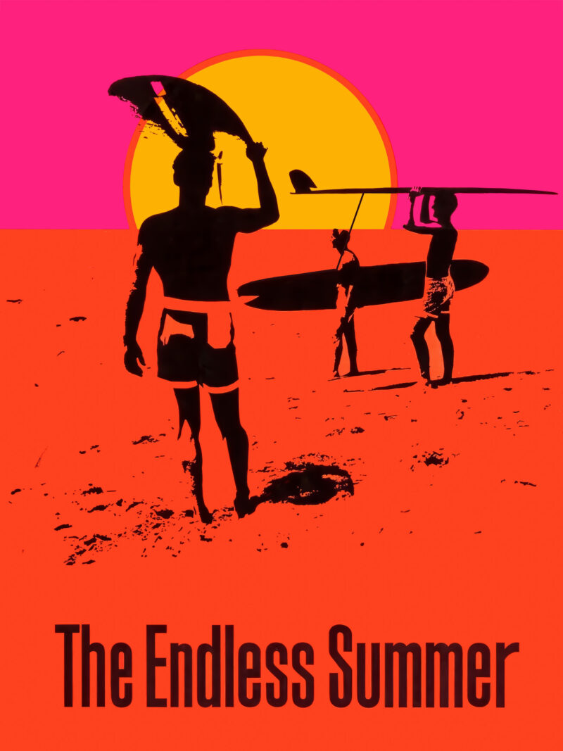 Reproduction of "The Endless Summer" 1966 movie poster with surfers at sunset.