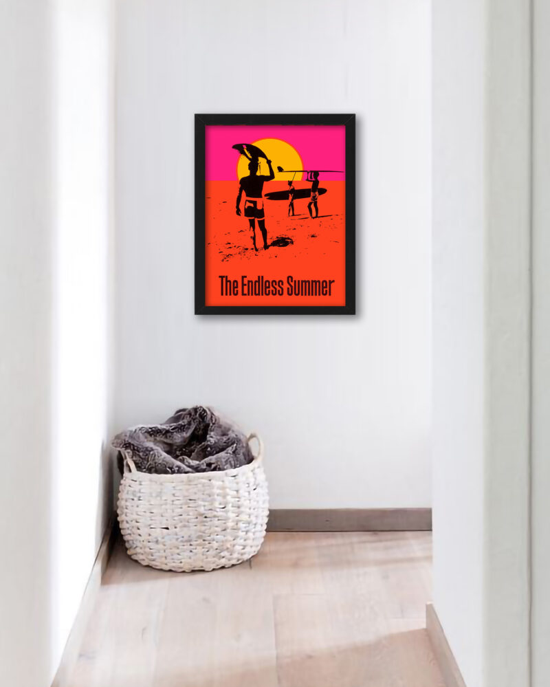Reproduction of "The Endless Summer" 1966 movie poster with surfers at sunset.