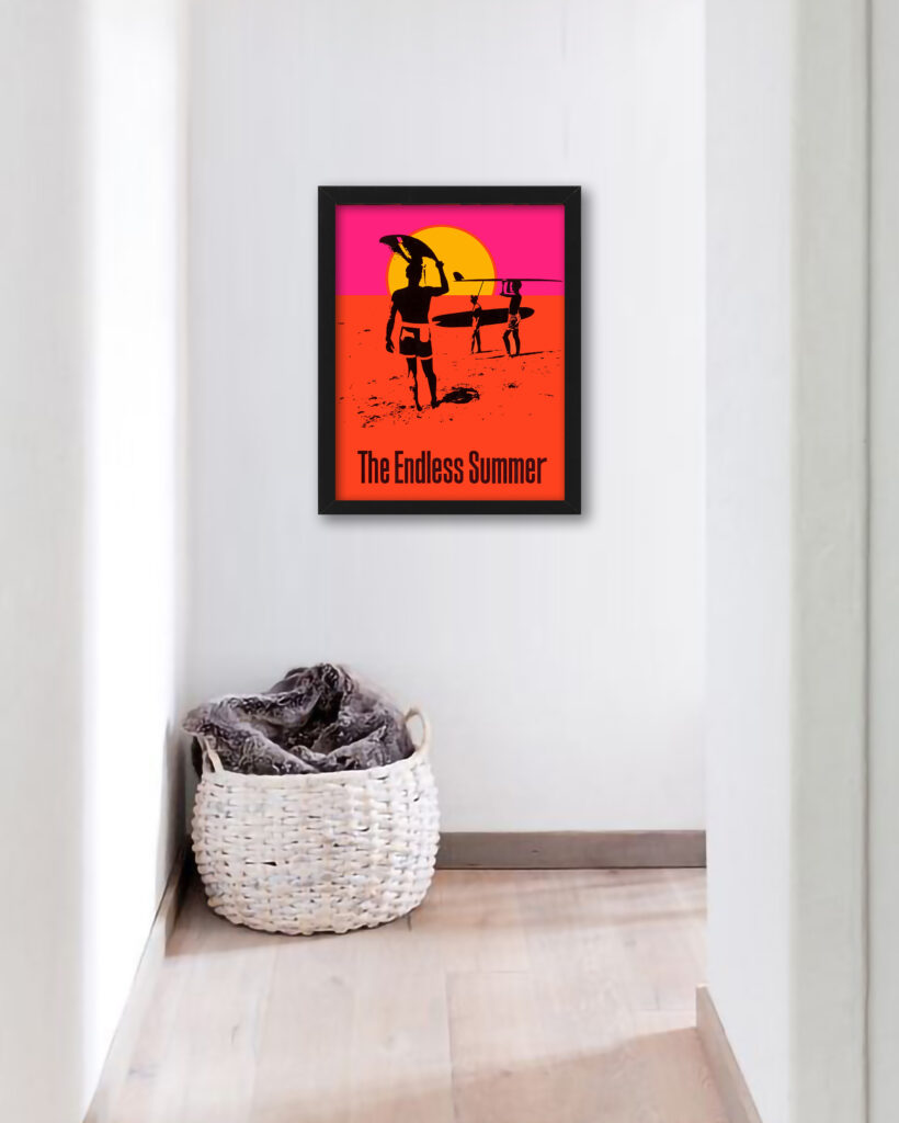 Reproduction of "The Endless Summer" 1966 movie poster with surfers at sunset.