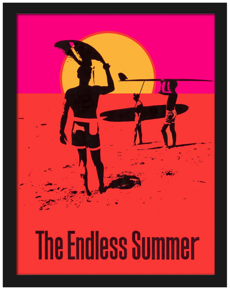 Reproduction of "The Endless Summer" 1966 movie poster with surfers at sunset.