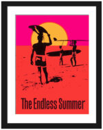 Reproduction of "The Endless Summer" 1966 movie poster with surfers at sunset.