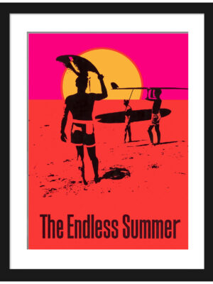 Reproduction of "The Endless Summer" 1966 movie poster with surfers at sunset.