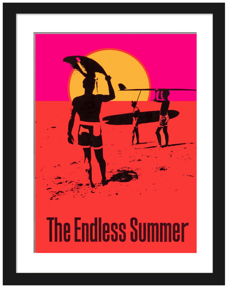 Reproduction of "The Endless Summer" 1966 movie poster with surfers at sunset.