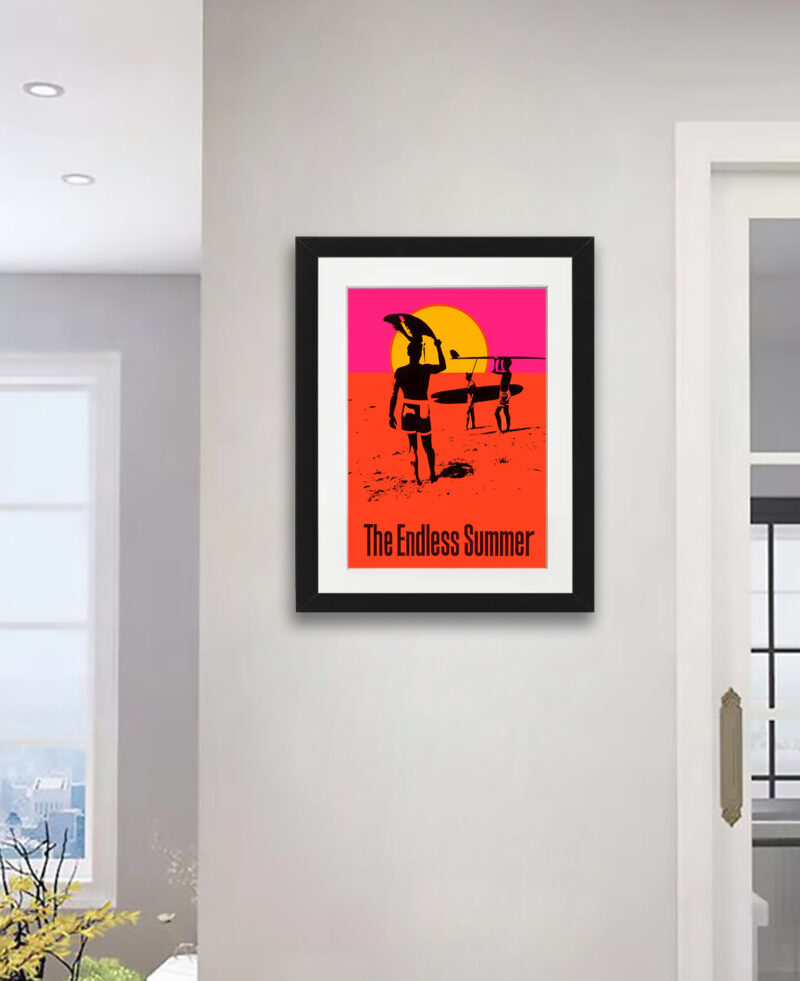 Reproduction of "The Endless Summer" 1966 movie poster with surfers at sunset.