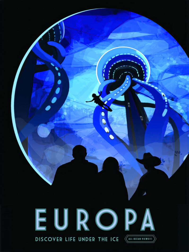 Illustrative poster of Europa with silhouetted observers gazing at an illuminated icy landscape