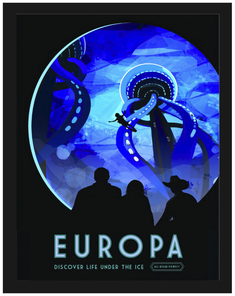 Illustrative poster of Europa with silhouetted observers gazing at an illuminated icy landscape