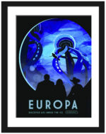 Illustrative poster of Europa with silhouetted observers gazing at an illuminated icy landscape