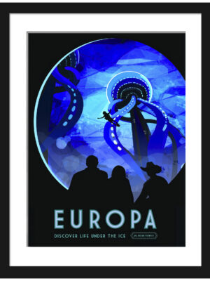 Illustrative poster of Europa with silhouetted observers gazing at an illuminated icy landscape