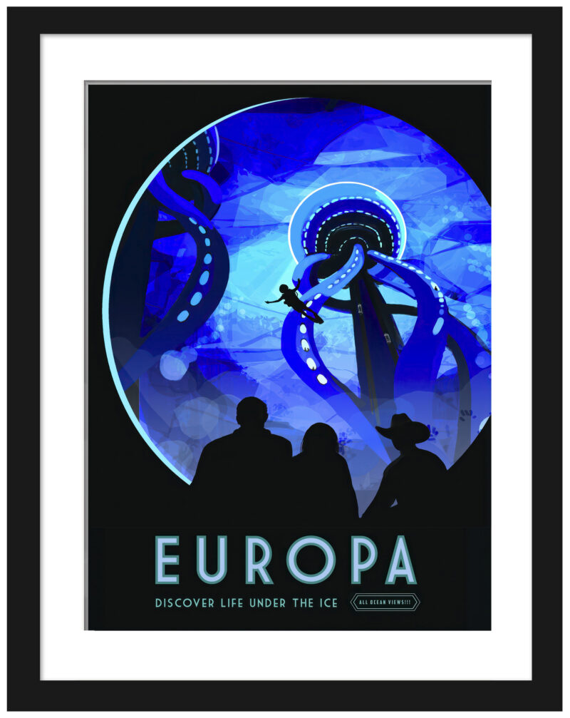 Illustrative poster of Europa with silhouetted observers gazing at an illuminated icy landscape