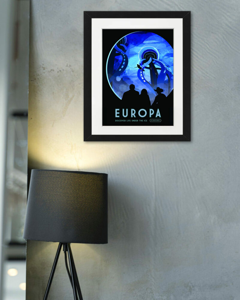 Illustrative poster of Europa with silhouetted observers gazing at an illuminated icy landscape