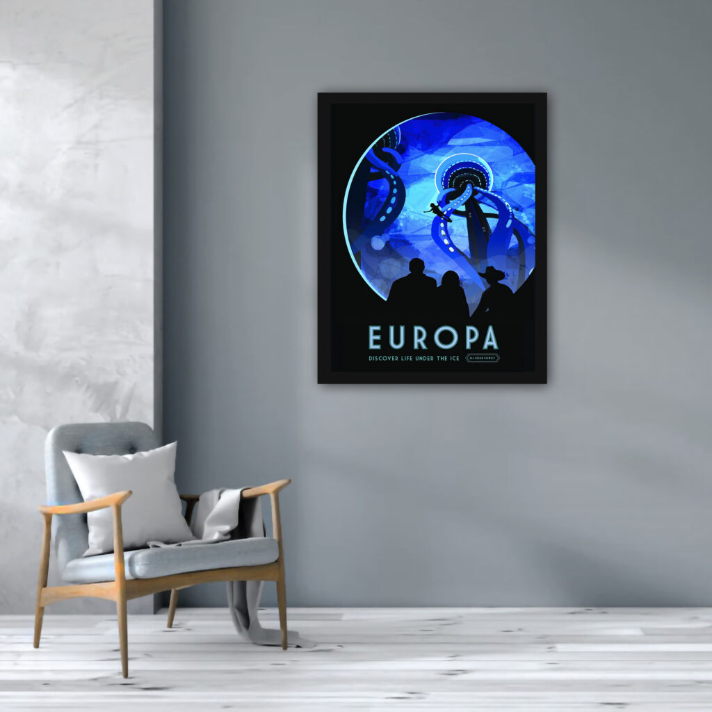 Illustrative poster of Europa with silhouetted observers gazing at an illuminated icy landscape