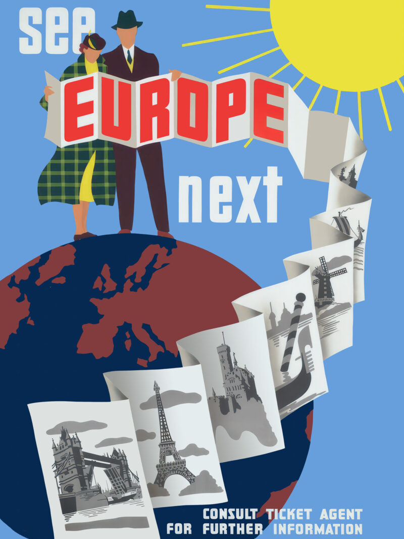 Restored 1950s vintage Europe travel poster featuring iconic landmarks.