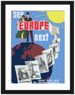 Restored 1950s vintage Europe travel poster featuring iconic landmarks.