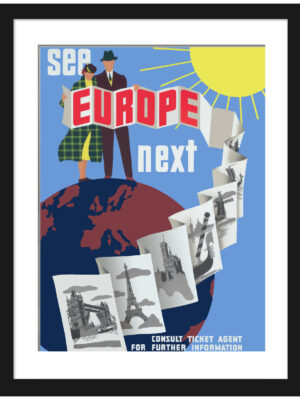 Restored 1950s vintage Europe travel poster featuring iconic landmarks.