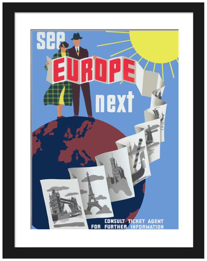 Restored 1950s vintage Europe travel poster featuring iconic landmarks.