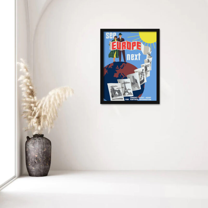 Restored 1950s vintage Europe travel poster featuring iconic landmarks.