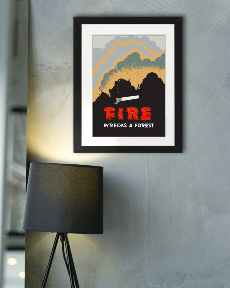 Reproduction of the 1939 WPA poster "Fire Wrecks a Forest" with a burning cigarette and smoke.