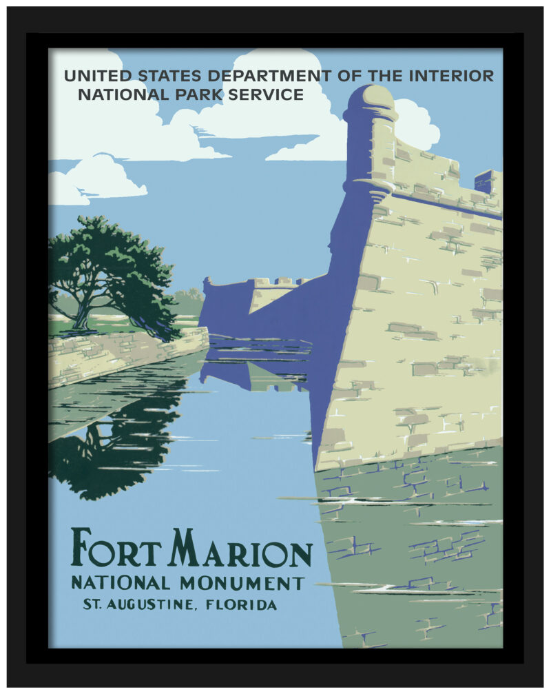 1938 vintage Fort Marion National Monument poster with clear blue sky and detailed illustration