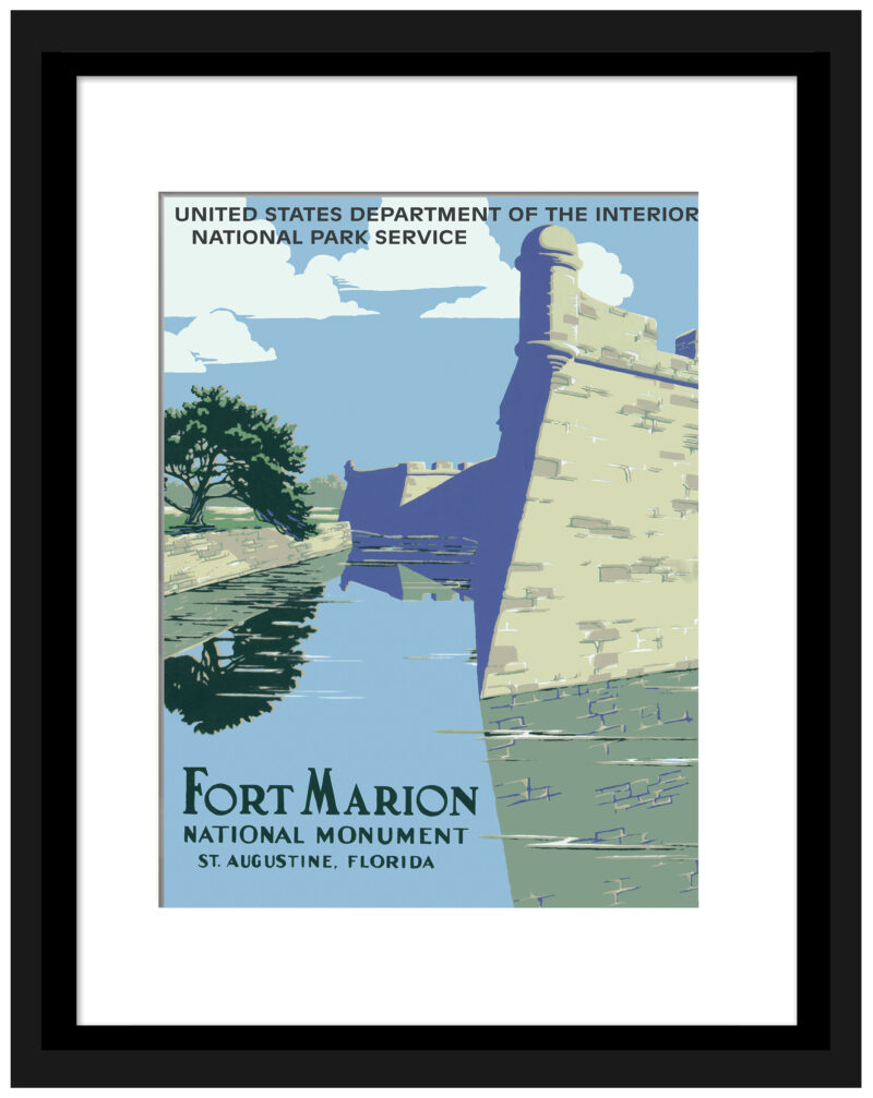 1938 vintage Fort Marion National Monument poster with clear blue sky and detailed illustration
