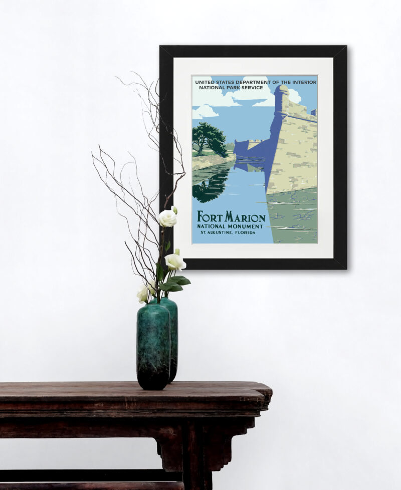 1938 vintage Fort Marion National Monument poster with clear blue sky and detailed illustration