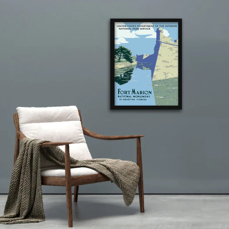 1938 vintage Fort Marion National Monument poster with clear blue sky and detailed illustration