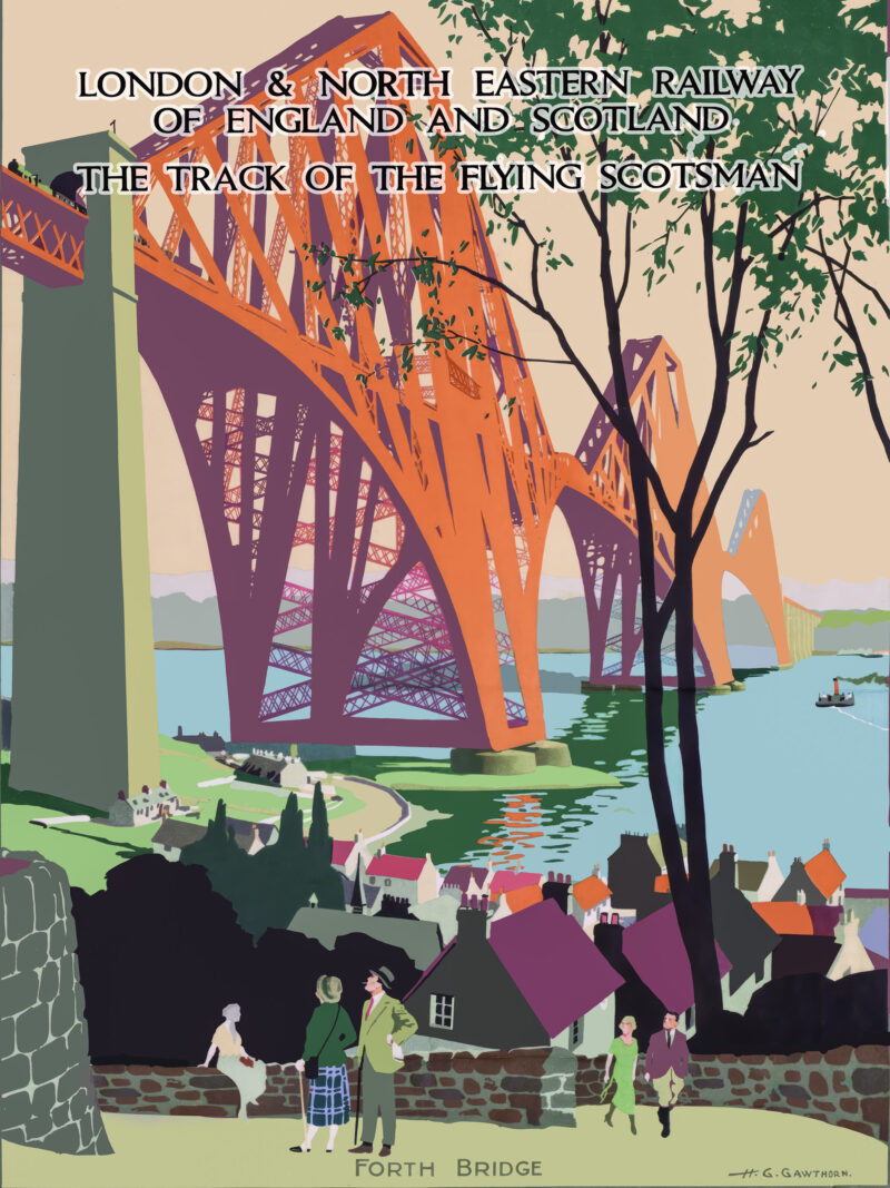 Vintage Forth Bridge railway poster with scenic background