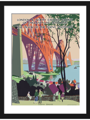 Vintage Forth Bridge railway poster with scenic background