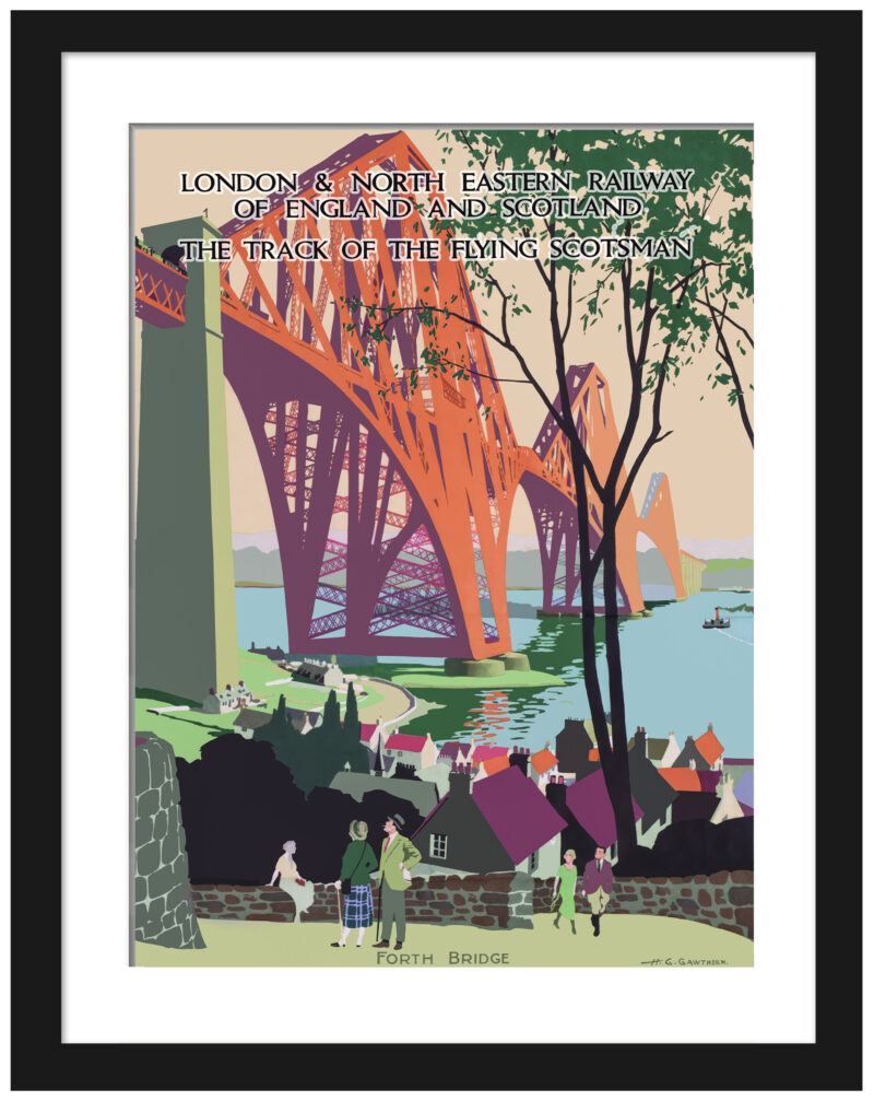 Vintage Forth Bridge railway poster with scenic background