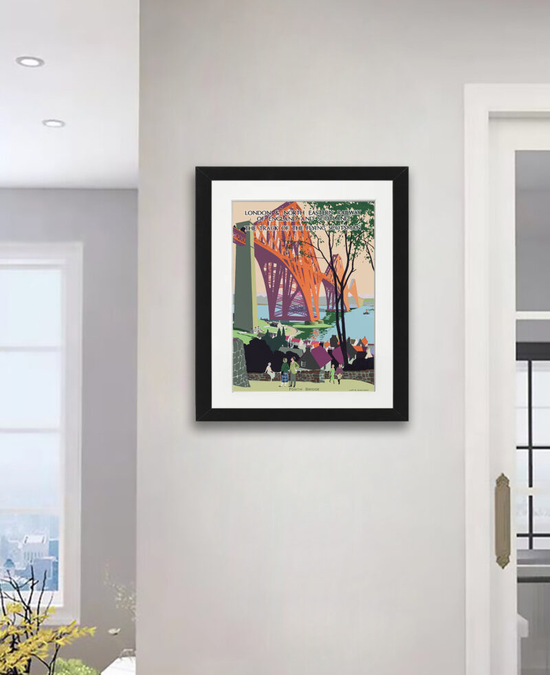 Vintage Forth Bridge railway poster with scenic background