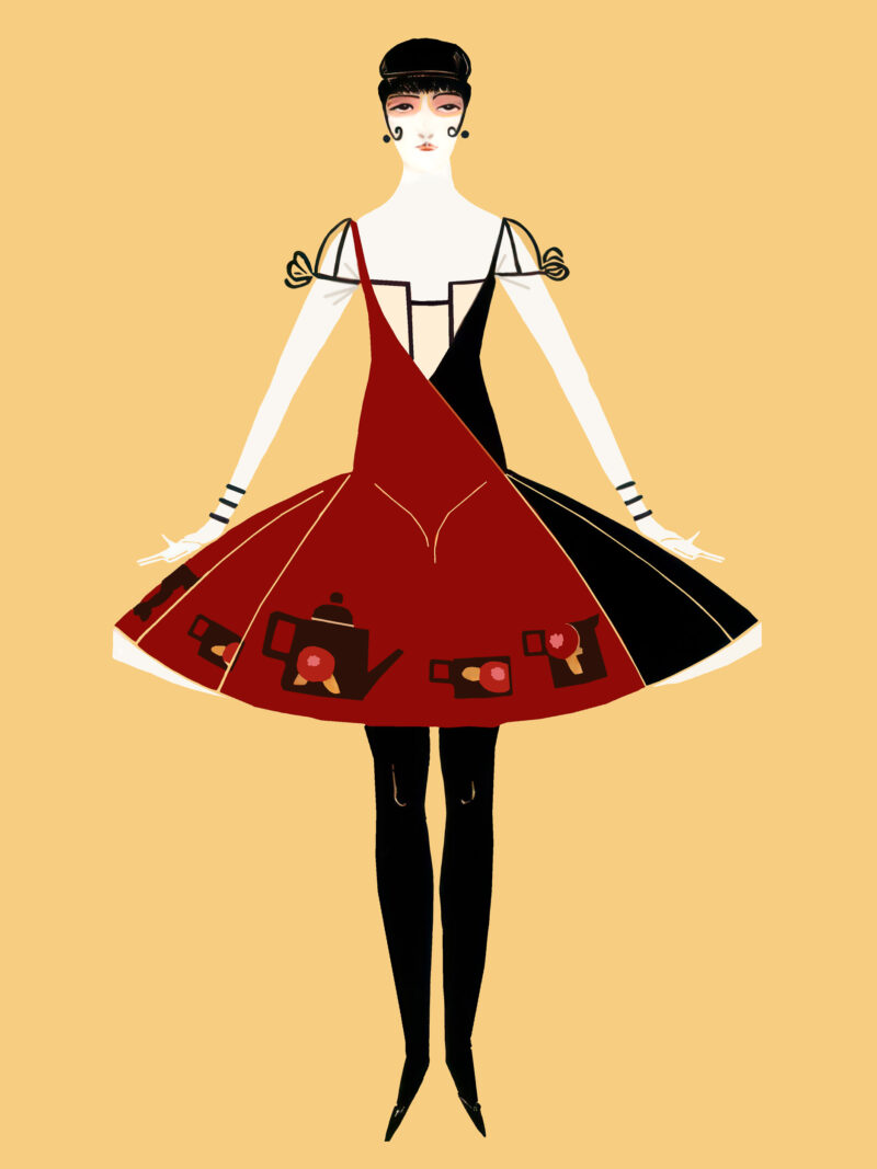 Reproduction of 1914 art deco fashion print featuring a woman in a red dress.