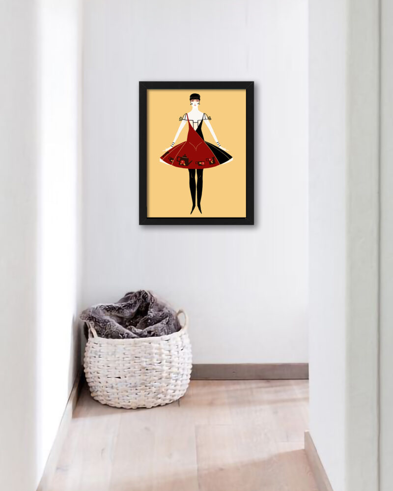 Reproduction of 1914 art deco fashion print featuring a woman in a red dress.