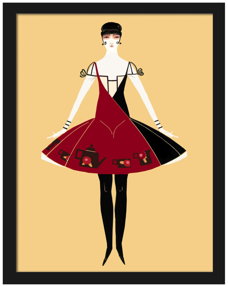 Reproduction of 1914 art deco fashion print featuring a woman in a red dress.