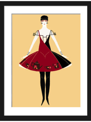Reproduction of 1914 art deco fashion print featuring a woman in a red dress.