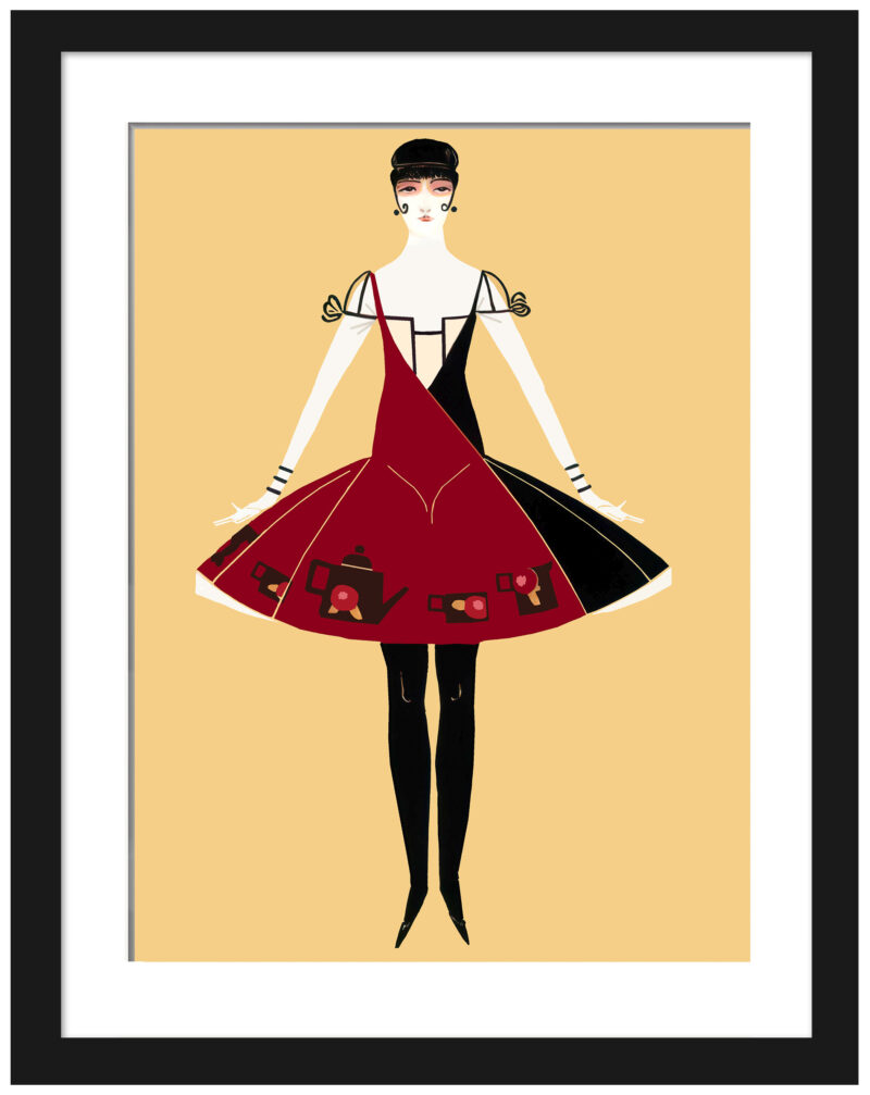 Reproduction of 1914 art deco fashion print featuring a woman in a red dress.