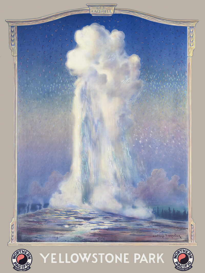 Vintage 1930 Old Faithful geyser art print by Edward Brener.