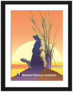Vintage prairie dog art print against an orange sunset background