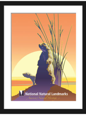 Vintage prairie dog art print against an orange sunset background