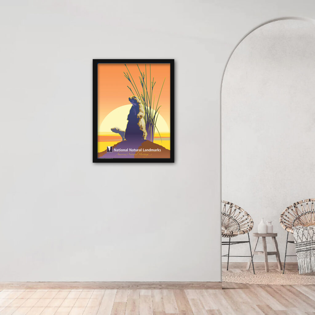 Vintage prairie dog art print against an orange sunset background