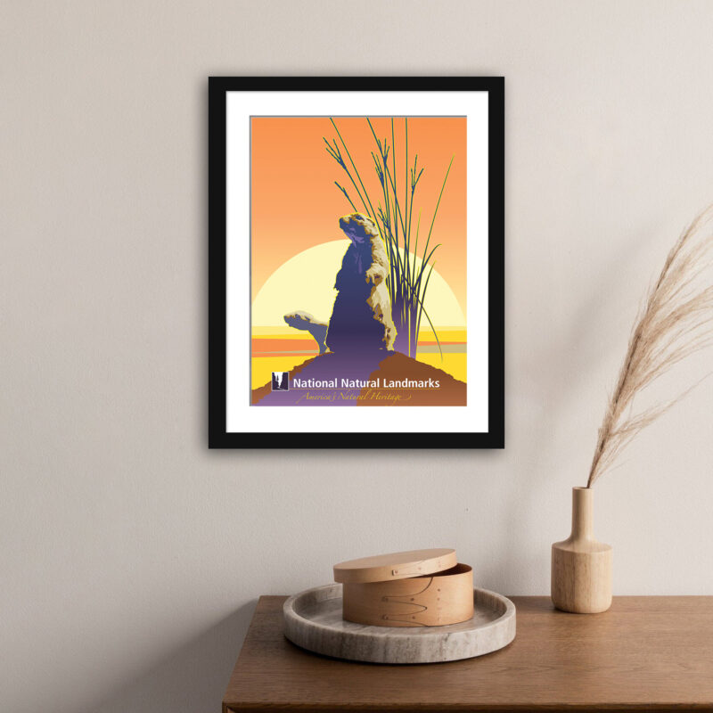Vintage prairie dog art print against an orange sunset background