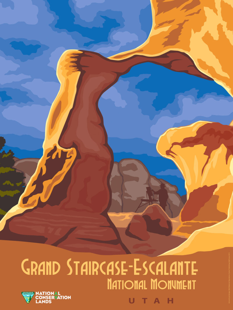 lustration of Grand Staircase-Escalante National Monument in Utah against a blue sky.