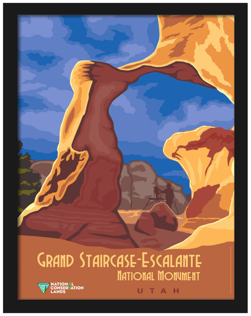 lustration of Grand Staircase-Escalante National Monument in Utah against a blue sky.
