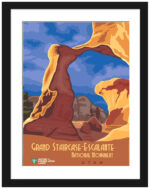 lustration of Grand Staircase-Escalante National Monument in Utah against a blue sky.