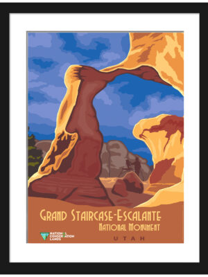 lustration of Grand Staircase-Escalante National Monument in Utah against a blue sky.