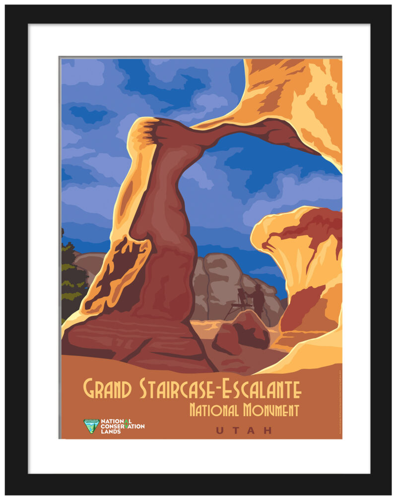 lustration of Grand Staircase-Escalante National Monument in Utah against a blue sky.