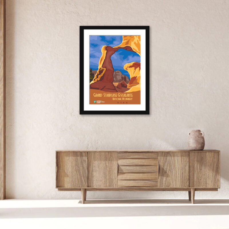 lustration of Grand Staircase-Escalante National Monument in Utah against a blue sky.
