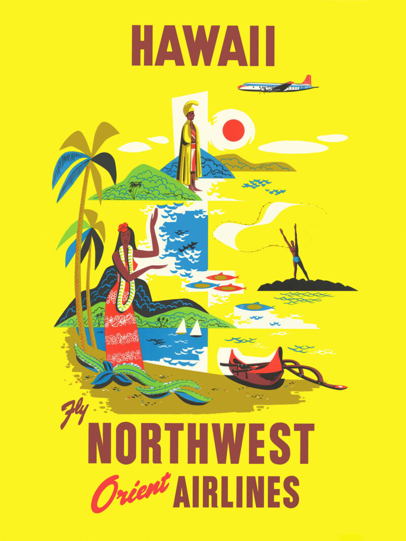 Hawaii travel poster reproduction with vibrant beach scene